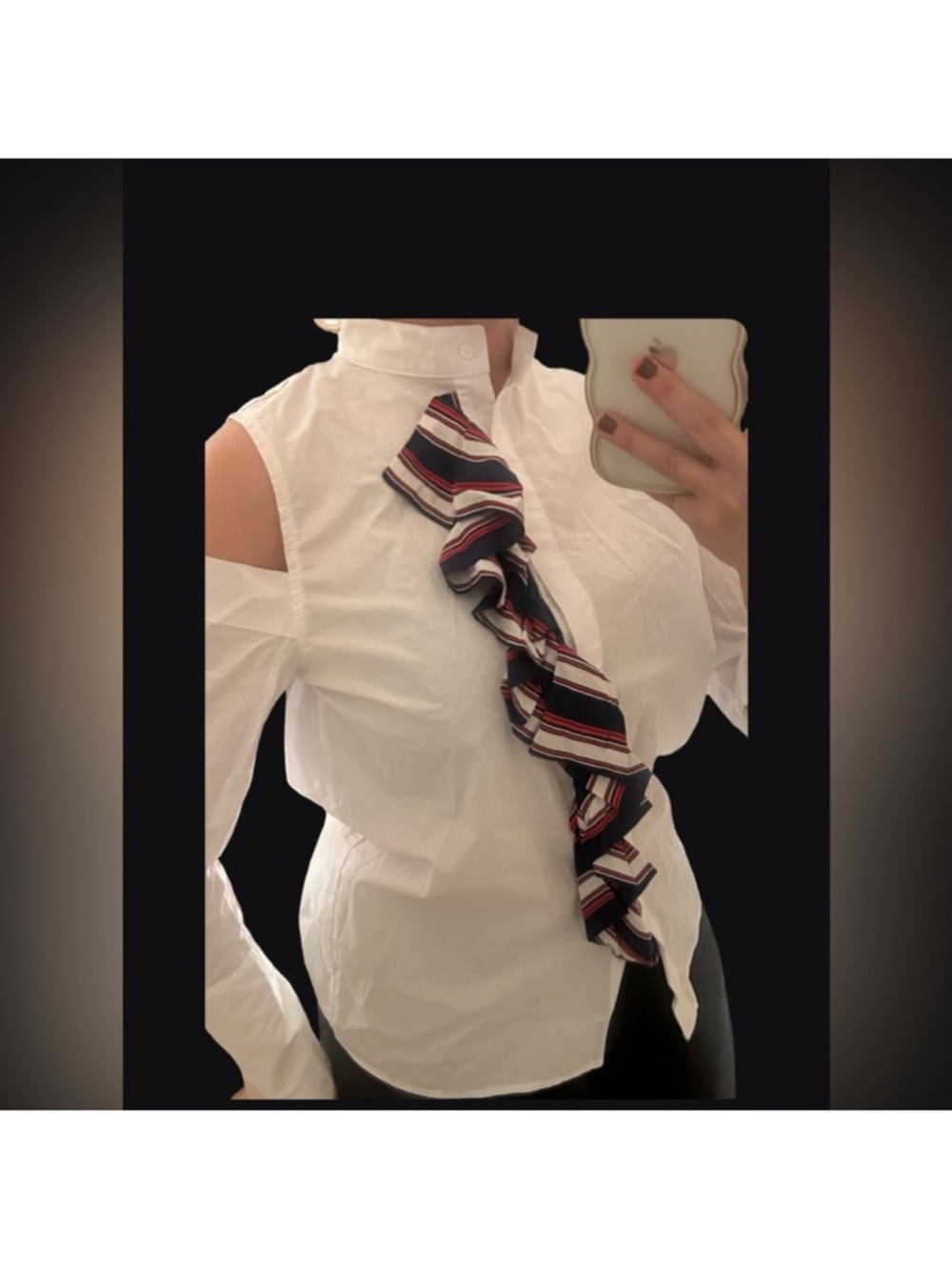Walter Baker White Cold-Shoulder Ruffle Tie Top with Navy and Red Stripe NWOT
